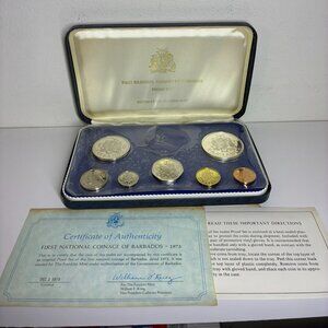 1973 First National Coinage of Barbados 8 coin Proof Set Franklin Mint Missing 1
